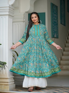 Women's <b>Plus</b> <b>Size</b> Polyester Anarkali Kurti Green Floral Printed Mandarin Collar Three Quarter Sleeves Comfortable Daily Wear - Product Image 1