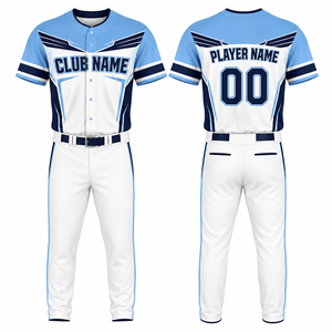 Ensemble d'uniformes de baseball personnalisés pour garçons, maillot à manches courtes imprimé par transfert thermique, blanc et bleu, nom du club, nom du joueur 00, évacuation de l'humidité - Product Image 1