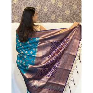 Sari Azul de Seda Suave con Zari Tejido en Contraste, Elegantes Vestidos de Noche - Product Image 2