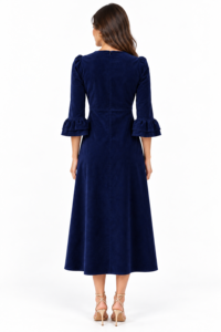 Vestido midi de pana azul marino para mujer con cuello redondo y mangas con volantes de tres cuartos - Product Image 6