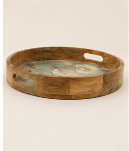Handmade Round Wooden Serving Tray with Bird Floral <b>Print</b> Decorative Tea <b>Coffee</b> Serving Tray - Product Image 3