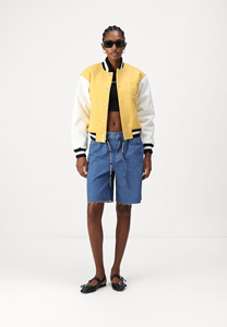 Veste universitaire jaune et blanche à blocs de couleur, coupe classique, col rabattu, fermeture boutonnée, unisexe, décontractée, pour l'automne - Product Image 3