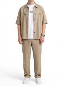 Conjunto Deportivo Casual de Verano 2 en 1 para Hombre, Camisa Ligera de Manga Corta a Rayas Beige de Algodón y Pantalones Largos - Product Image 4