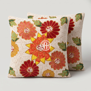 Handmade Beaded Floral Cushion <b>Cover</b> Square Ivory Flower Pillow Sham Orange Red Daisy <b>Sofa</b> Pillowcase Luxury Boho Couch Decor - Product Image 1