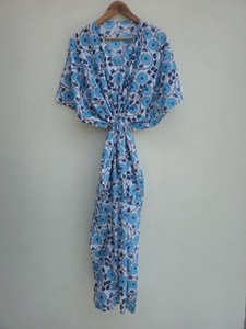 Vestido Kaftan Azul Cielo con Estampado de Bloques para Mujer, Cuello en V, Estilo Boho, Algodón, Cómodo, Holgado, Vestido Largo de Verano - Product Image 4