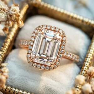 Anillo de Compromiso y Boda Solitario de Plata de Ley 925 con Moissanita Corte Esmeralda y Engaste de Garras Chapado en Oro - Product Image 5