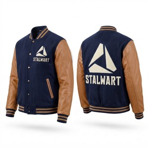 Blouson universitaire unisexe Stalwart bleu et marron en polyester/coton avec logo brodé sur le devant, coupe-vent, décontracté, pour l'hiver, patchwork - Product Image 2