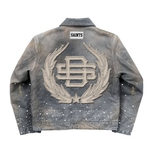 Nouvelle veste en jean vintage en coton délavé au soleil, design personnalisé, style streetwear d'hiver, broderie, détails perlés, coupe-vent - Product Image 3