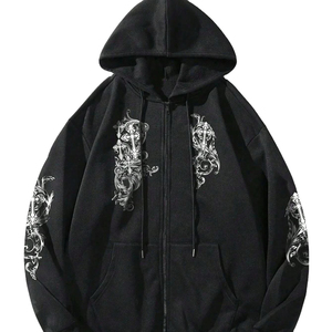 Men's Black <b>Gothic</b> Zip-Up <b>Hoodie</b> Regular Fit Solid Pattern Regular Sleeve Knitted Cotton Fleece Winter Wear Quick Dry Breathable - Product Image 1
