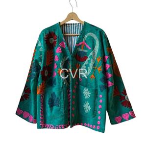 Manteau en velours brodé à la main style bohème, manches longues, grande taille, vêtements d'extérieur décontractés pour femmes, col rabattu, printemps - Product Image 2