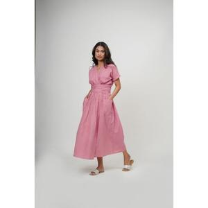 Vestido midi de lino rosa de alta calidad, corte en A, con cuello en V, manga corta, lazo cruzado y bolsillos, estilo sencillo y transpirable para verano, para mujer. - Product Image 1