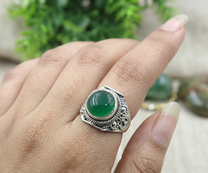 แหวนเงินแท้ 925 ประดับพลอยออนิกซ์สีเขียว งานแฮนด์เมดสไตล์วินเทจ งานฝีมือโบโฮ ชุบทองคำสีกุหลาบ - Product Image 2