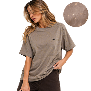T-shirt tendance en coton tricoté respirant avec strass dorés surdimensionnés, personnalisable, toutes saisons, streetwear 2026 pour femme - Product Image 1