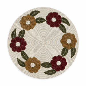 Burgundy <b>Gold</b> Floral Glass Bead <b>Placemat</b> Olive Green Leaves | Modern Handmade Decorative Dining Table Mat Elegant Beaded Home - Product Image 2