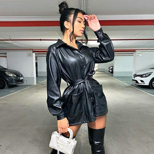 Women's Olive Green Sheep Skin Quick Dry Jacket with Belted Waist Wrap Style Full Sleeve Turn Down Collar Winter Wear - Product Image 2