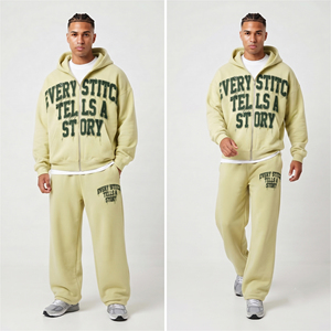 Conjunto de chándal de hombre con bordado desgastado: Sudadera con capucha de cremallera completa y pantalones de chándal jogger, conjunto holgado de forro polar pesado - Product Image 3