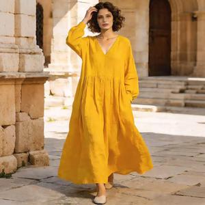 Robe longue ample bohème unie pour femme, manches longues, col en V, coupe fluide, idéale pour l'été - Product Image 5