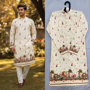 Kurta de Algodón para Hombre de NiMa Creations, Diseño Floral Bordado, Corte Regular, Largo hasta la Rodilla, Ropa Casual Tradicional India y Pakistaní - Product Image 4