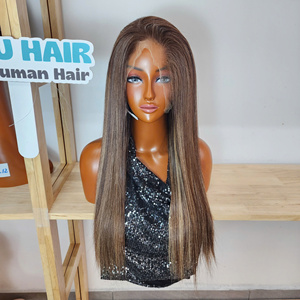 Peluca de Cabello Humano Rubio con Reflejos Modernos, Peluca Lisa con Frente de Encaje y Reflejos, Pelucas de Cabello Humano con Reflejos - Product Image 1