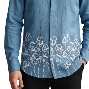 Denim Blue Floral Embroidered <b>Mens</b> Long Sleeve <b>Shirt</b> Button Down Casual Slim Fit Fashion <b>Shirt</b> <b>for</b> <b>Party</b> Smart Daily Wear - Product Image 5