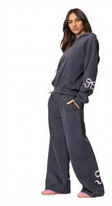 Survêtement gris foncé à capuche pour femme, manches longues, avec nœud brodé, coupe ample, décontracté, avec poches latérales, style automne - Product Image 5