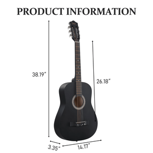 Guitare acoustique ronde de 38 pouces avec finition noire mate, y compris médiators, cordes, capo, étui, accordeur et sangle - Product Image 4