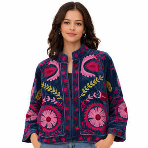 Chaqueta Bomber de Terciopelo Bordada con Diseño Suzani, Hecha a Mano, Estilo Boho Floral, Manga Larga, Ropa de Abrigo para Otoño e Invierno - Product Image 1