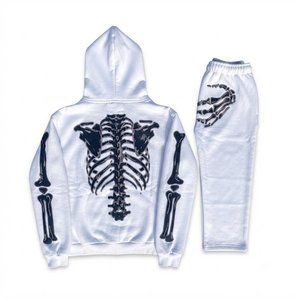 Unisex <b>Skeleton</b> Print Tracksuit Hooded <b>Full</b> Zipper Streetwear Set White Polyester Autumn Wear High Quality Fashion Wear Sets Men - Product Image 2