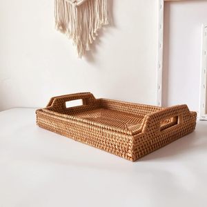 Rattan Rectangle Serving Basket Tray with Handles Handwoven Jute Decorative Storage Basket for <b>Table</b> Ottoman Vanity <b>Kitchen</b> - Product Image 6