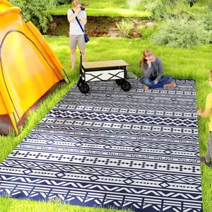 Tappeto da esterno reversibile impermeabile blu e bianco disegno geometrico da parete 9 'X 18' con borsa per il trasporto in paglia di plastica - Product Image 5