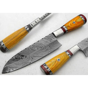 Couteau de chef moderne personnalisé fait main Burraq, lame en acier Damas de 7 pouces, épaisseur 3,0 mm, manche en bois, étui en cuir - Product Image 1