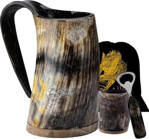Jarra de cuerno vikinga tradicional más vendida con base de madera, taza de cerveza natural hecha a mano para festivales, disponible para la venta - Product Image 2