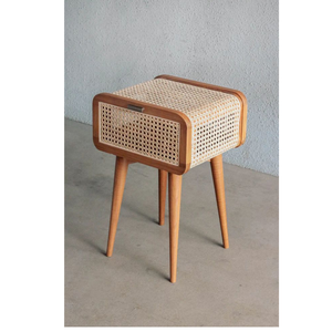 Teak Wood Nightstand with Handwoven Rattan Panels - Product Image 1