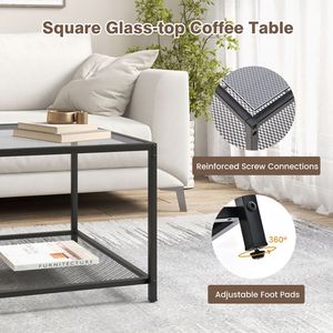 Modern 2-Tier <b>Square</b> Glass Gray Coffee Table with Sturdy Mesh <b>Shelf</b> 1PC for Living Room - Product Image 6