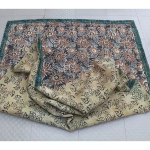 Hand Block Print Kantha <b>Quilt</b> Reversible Hand-Stitched Cotton <b>Throw</b> Floral Print Cotton Bedspread - Product Image 1