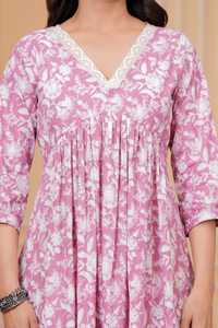 Pink Floral Print Cotton Three Quarter Sleeve V-Neck Fit Flare Midi <b>Dress</b> with <b>Elastic</b> Waist Pleated Detail Casual Daily Wear - Product Image 6
