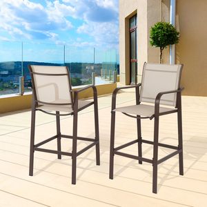 2 sedie da bar da giardino con struttura in ferro battuto marrone e superficie in tessuto beige, eleganti sedute da esterno - Product Image 2