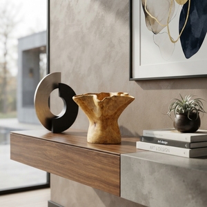 Vase en bois de teck sculpté à la main, design moderne, motif abstrait, bol décoratif pour fleurs, grain de bois naturel, accent de table pour salon - Product Image 2