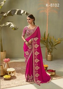 Sari élégant en organza de soie brodé avec des paillettes et des fils, chemisier en soie mono banglori, vêtements ethniques de créateur. - Product Image 5