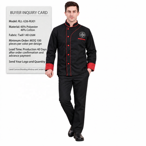 Unisex Kochjacke aus Polyester-Baumwoll-Twill 140 GSM Restaurant-Uniform mit Individuellem Logo und Rotem Besatz - Product Image 6