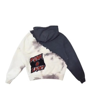 Men's Oversized Hooded Sweatshirt Tie-Dye Patchwork Design <b>Red</b> Embroidered Back Print Regular Sleeve Knitted Cotton Autumn Style - Product Image 2