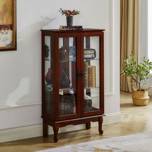 Vetrina Illuminata a 3 Ripiani Cherry con Ripiani Regolabili e Porte in Vetro Temperato, Pannello Posteriore a Specchio per Soggiorno - Product Image 2
