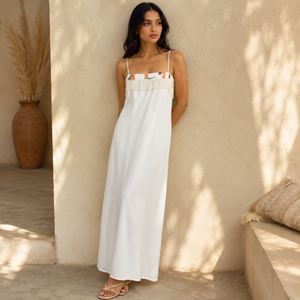 Women's <b>White</b> Fringe <b>Maxi</b> Dress | Spaghetti Strap Flowy Summer Dress | Boho Tassel Detail Casual Beach Vacation Sleeveless Long - Product Image 2