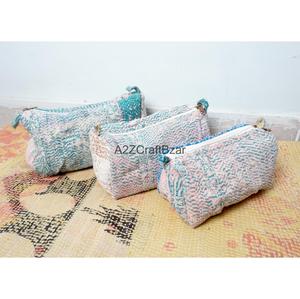 Kantha Quilted Eco-Friendly Waterproof Cosmetic Organizer Makeup Pouches Durable Zipper Tassel Cotton Fabric Lightweight - Product Image 3