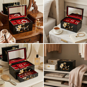 Black Lacquer Jewelry <b>Box</b>, Floral & Butterfly Jewelry Organizer with Mirror, Wooden <b>Keepsake</b> <b>Box</b> Gift for Business - Product Image 4