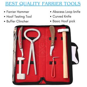 Kit d'outils de fermeur : Couteau à sabots courbé et aiguisé, Boucle pour abcess, Outil de test de pression, Pince à sabots, Marteau de fermeur et Cure-sabot - Product Image 2