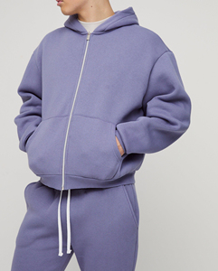 Men's Purple Hooded Sweatshirt <b>Set</b> Solid Color Casual Zip-Up Hoodie With Front Logo Print Cotton French Terry Autumn Wear - Product Image 6
