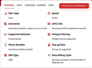 Forfait Internet illimité pour les îles Canaries, eSIM 3/5/7/10/15/30 jours, 4G/5G, code QR, livraison instantanée par e-mail - Product Image 2