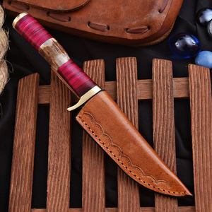 Cuchillo de Caza de Acero de Damasco Forjado a Mano, Mango de Cuerno de Ciervo y Madera Envuelto en Cuero, Hoja Fija con Punta Caída, 8 Fundas de Cuero, OEM ODM - Product Image 6