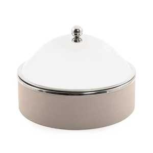 Support de table isolant pour plats chauds, avec base en bois, couvercle conique nervuré argenté et support rayé blanc - Product Image 2